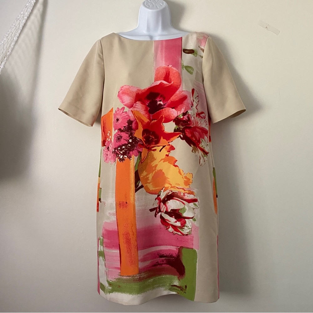 Gabby Skye Pink, Cream & Orange Abstract Floral Shift Sheath Dress with Pockets - Picture 4 of 14